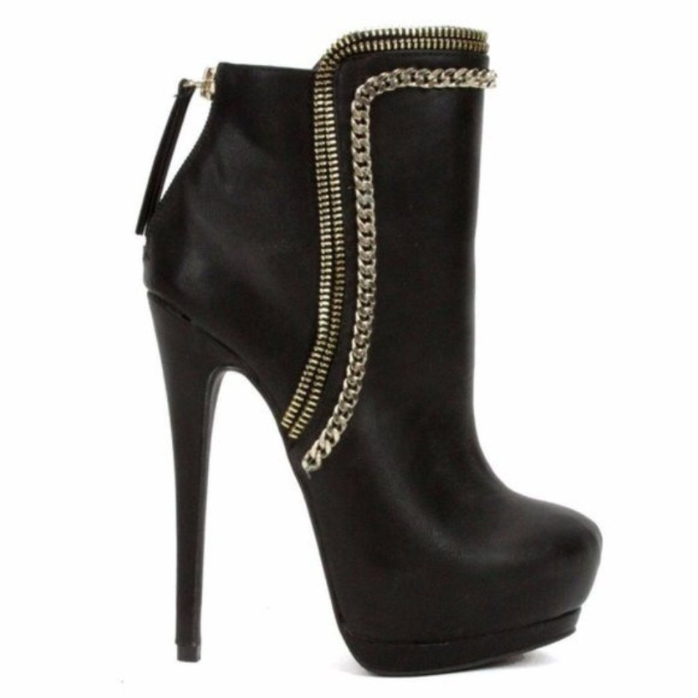 bebe Oliviaa Chain Zipper Boots Black High Heel 7